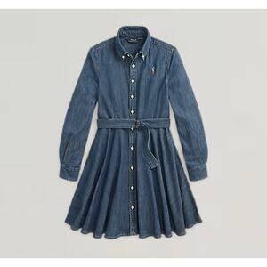 Polo Ralph Lauren Belted Denim Shirt Dress Long Sleeve Logo Girls Size 10